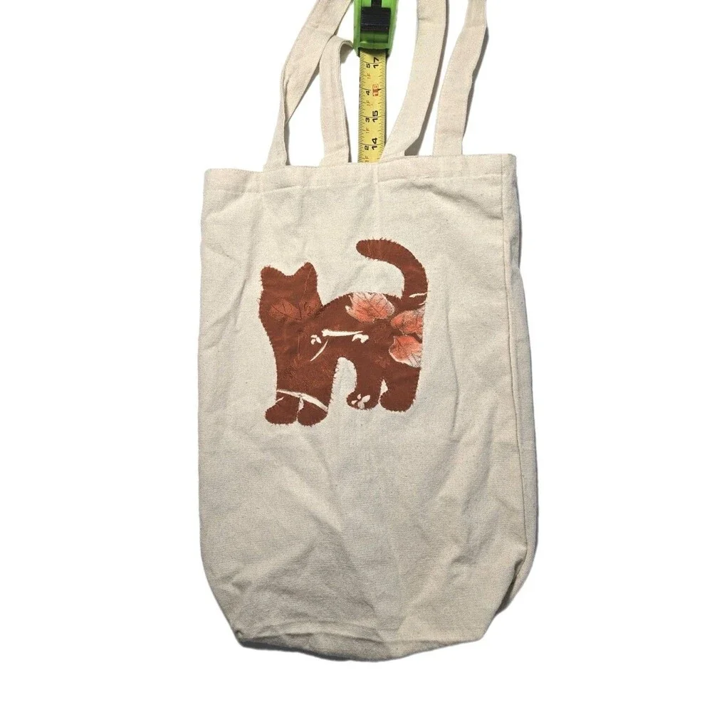Cute Fall Canvas Tote Bag Y2K Boho Kitty Leaf 100% Cotton Handbag
